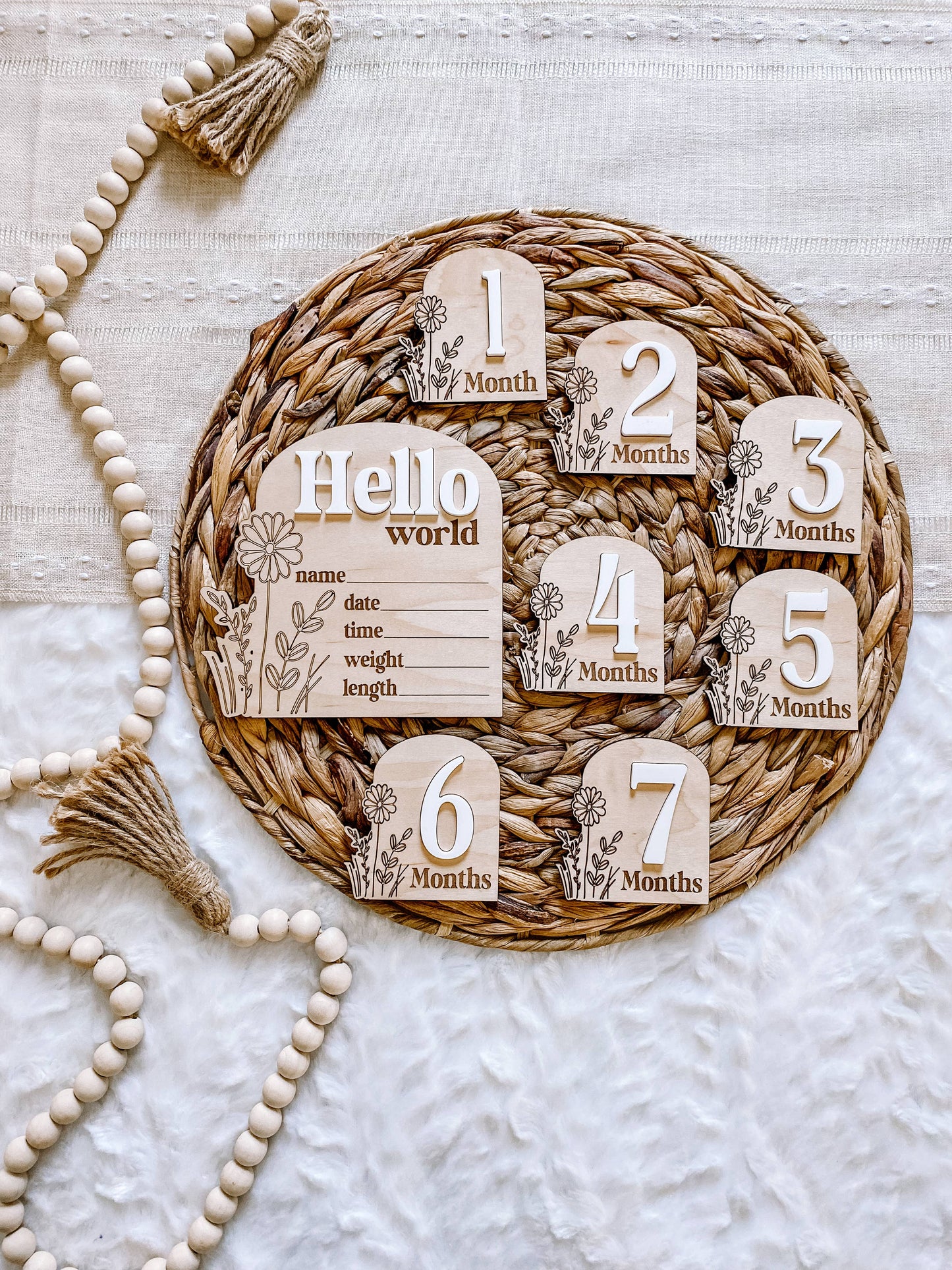 Wooden monthly Milestone Set - Wildflower White (13 pc) With Hello World Disc