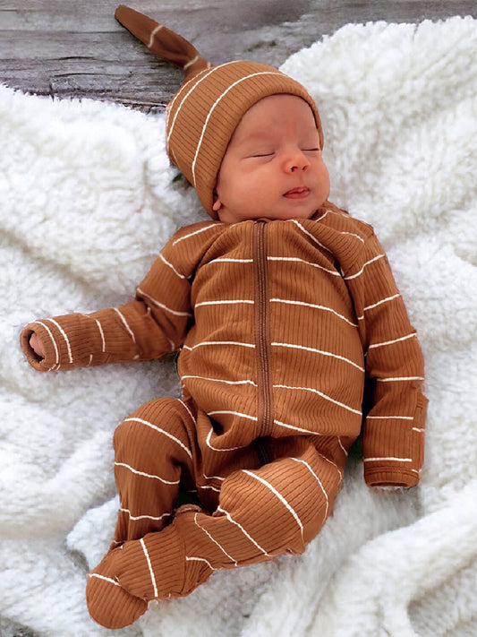 organic baby zip footie - saddle stripe ribbed cotton