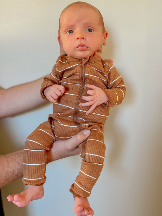 organic baby zip romper - saddle stripe ribbed cotton