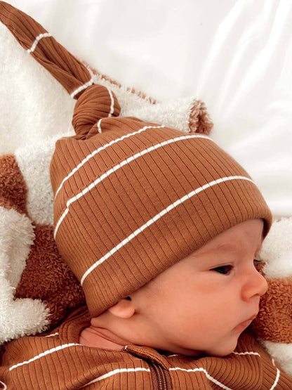 organic ribbed baby beanie - saddle stripe cotton hat