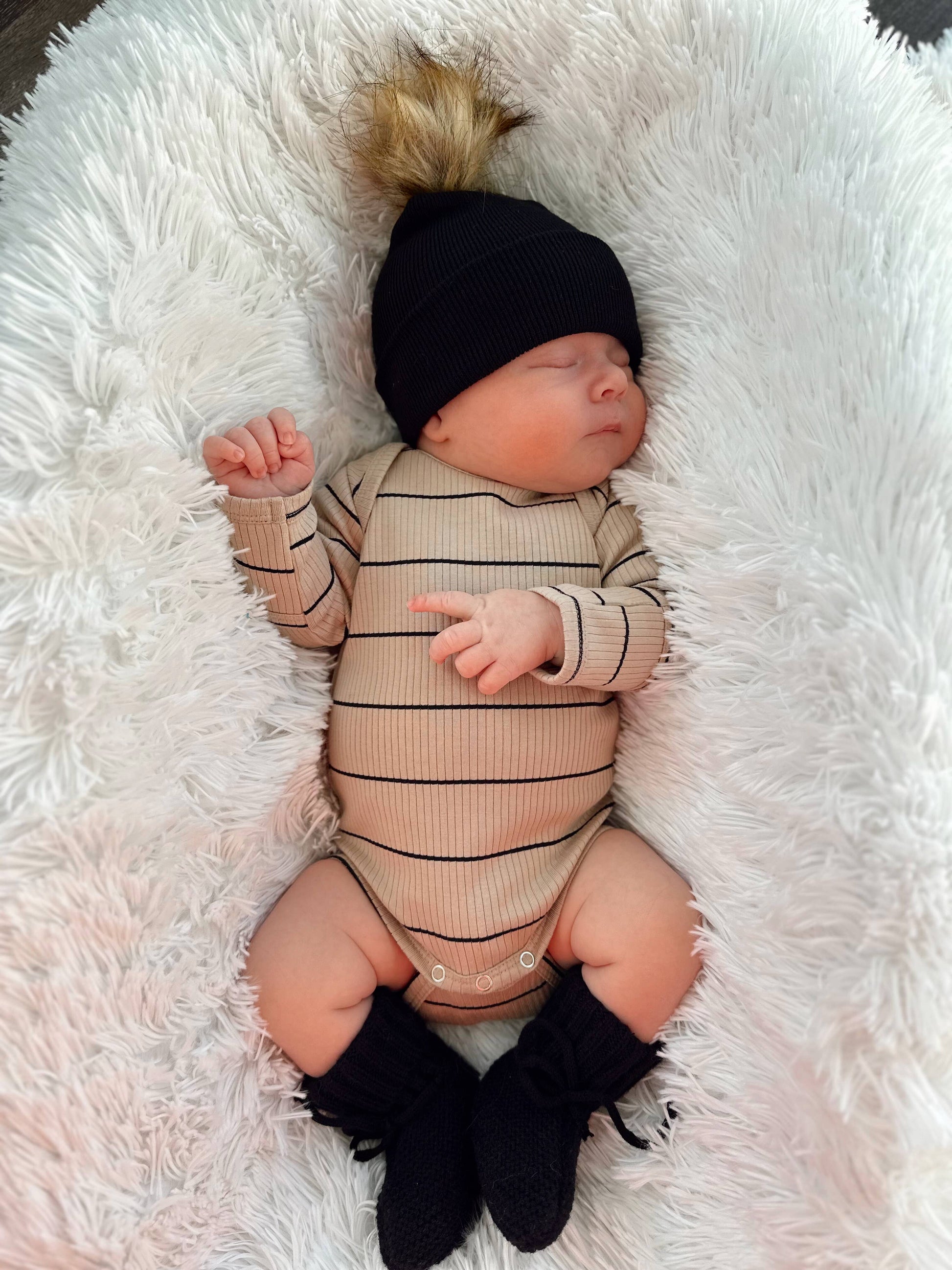 organic ribbed baby bodysuit - tan and black stripe